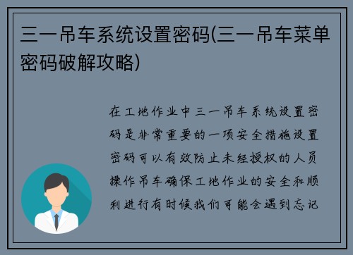 三一吊车系统设置密码(三一吊车菜单密码破解攻略)