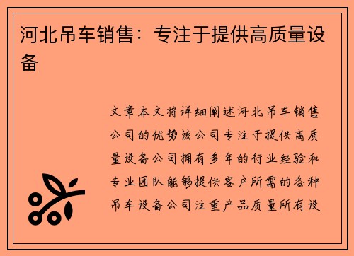 河北吊车销售：专注于提供高质量设备